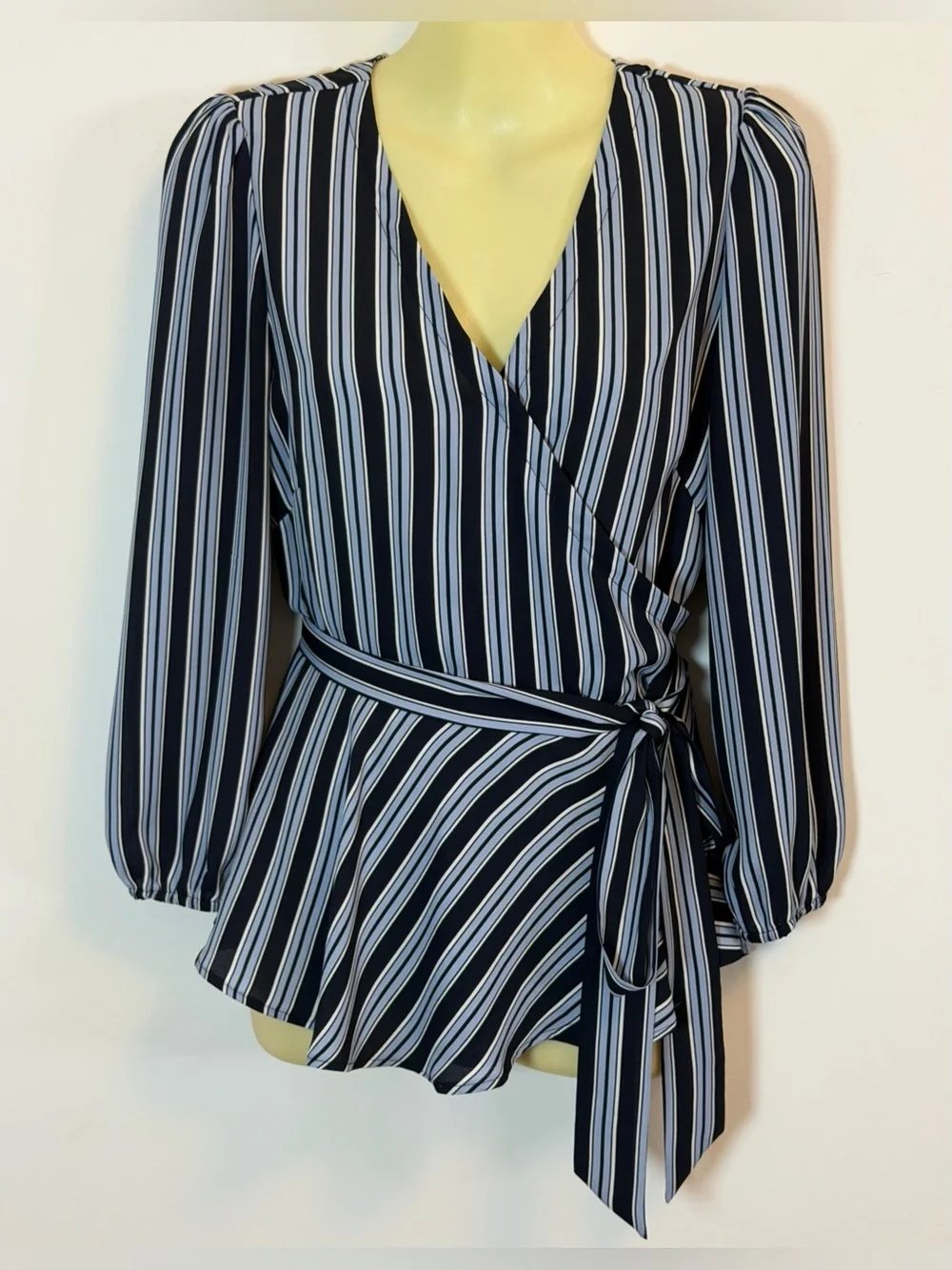 LOFT Petites Navy & White Striped Wrap Blouse